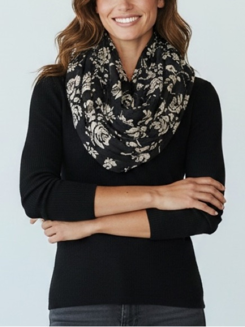 Floral Infinity Scarf 100% Cotton Lightweight Dark Academia Boho Black White